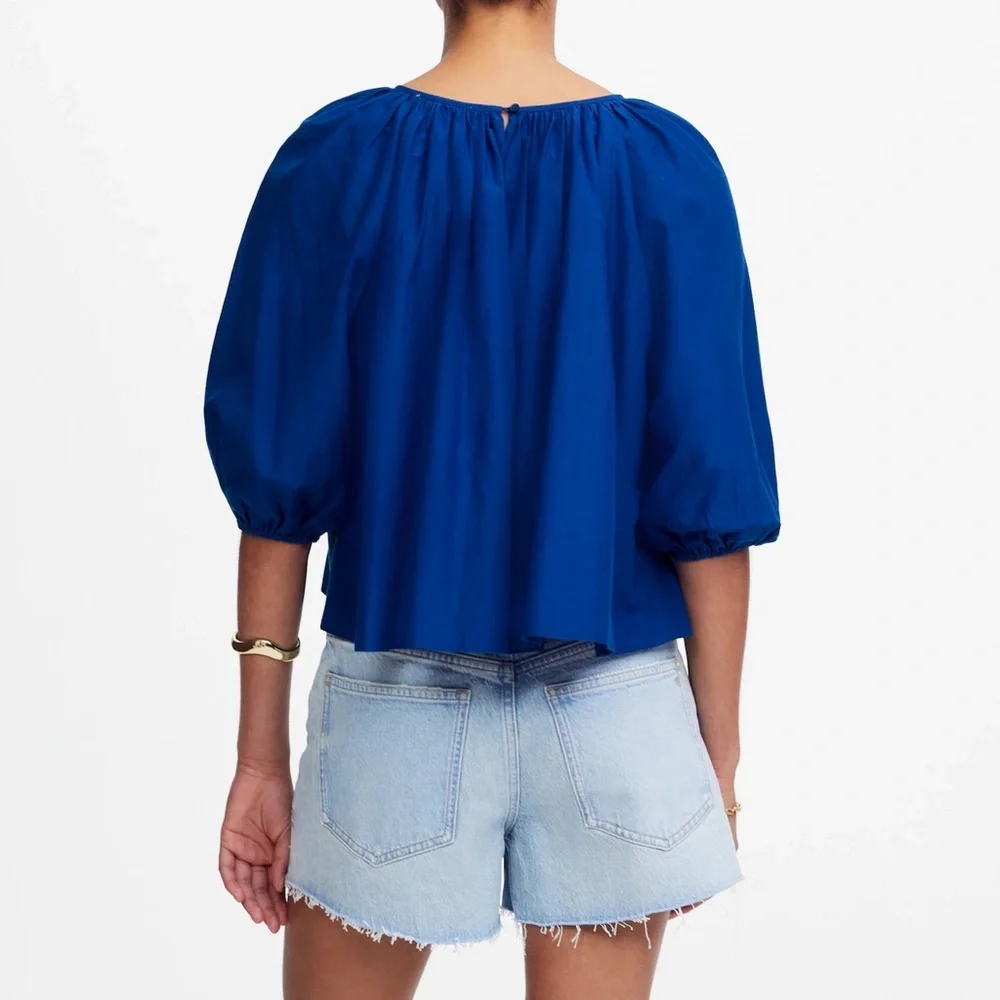 NWT Madewell Shirred Puff-Sleeve Top in Cotton-Silk Voile in Bright Sapphire